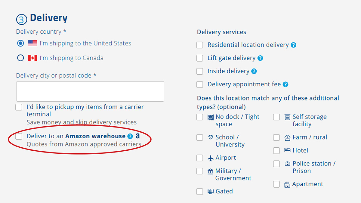 Amazon FBA shipping option on Freightquote.com